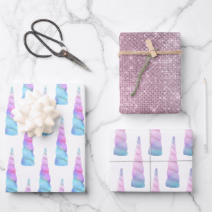 Sparkle Pink Blue Glam Unicorn Birthday Wrapping Paper Sheet