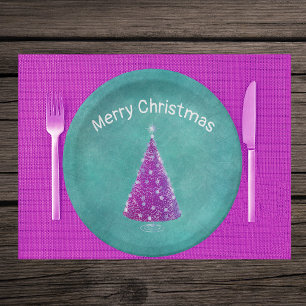 Sparkle pink Christmas Tree Silver Stars on Teal Paper Plate