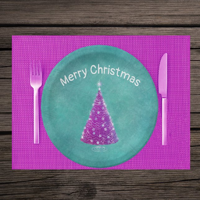 Sparkle pink Christmas Tree Silver Stars on Teal Paper Plate (Sparkle pink tree star silver ornaments on teal Merry Christmas paper party plates.)