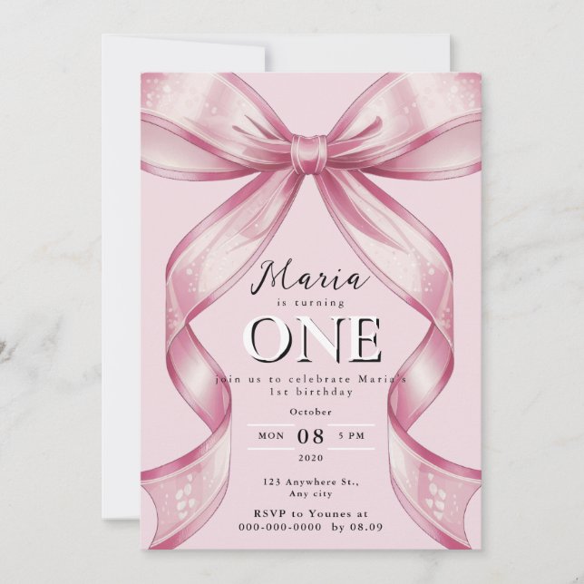 Sparkle Pink Coquette Bow 1st Invitation (Front)