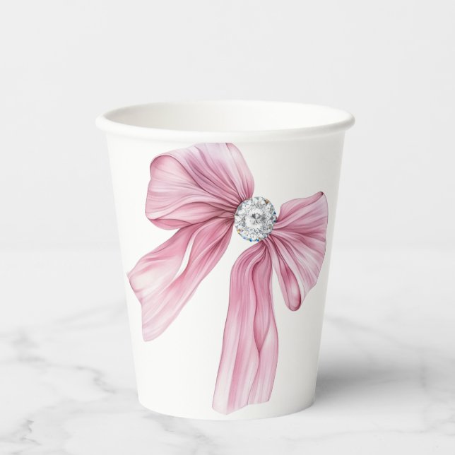 Sparkle Pink Coquette Bow 1st Paper Cups (Front)
