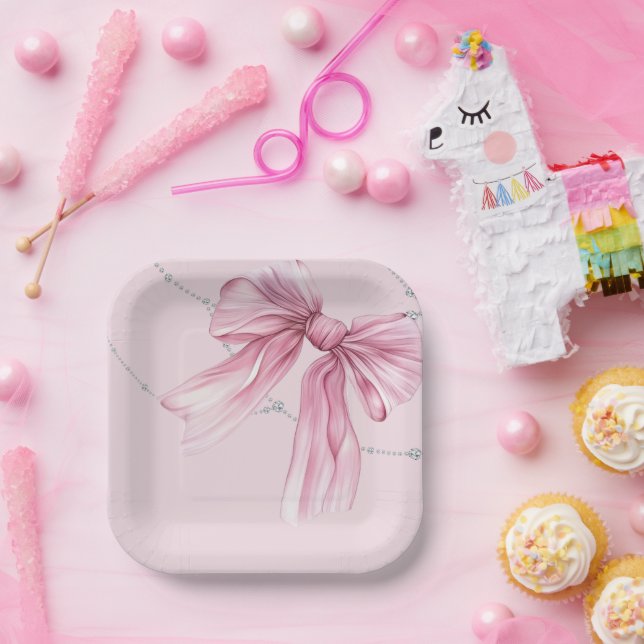 Sparkle Pink Coquette Bow 1st Paper Plate (Party)