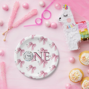 Sparkle Pink Coquette Bow 1st Paper Plate