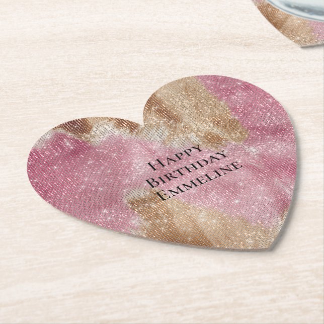 Sparkle Pink Cream Gold Cowgirl Cowhide Birthday Paper Coaster (Angled)