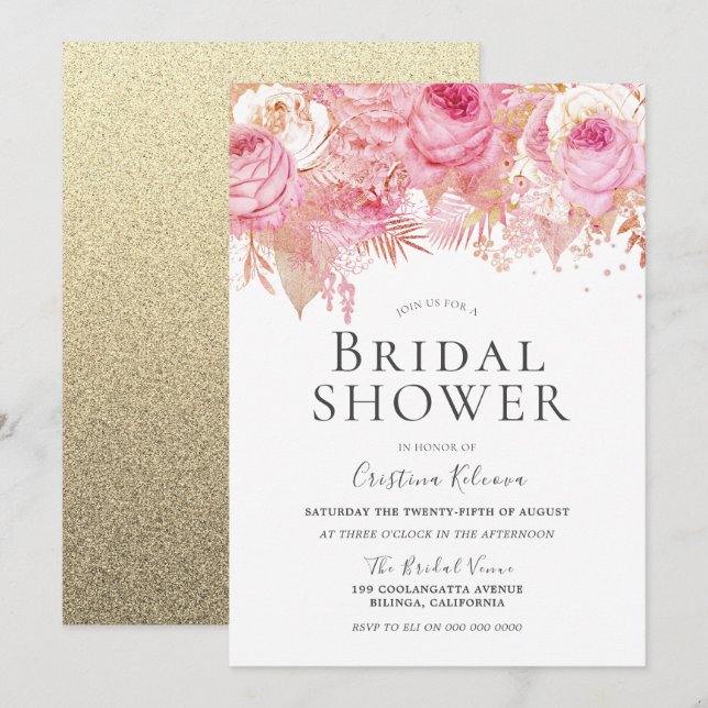 Sparkle Pink Flowers Elegant Bridal Shower Invitation (Front/Back)