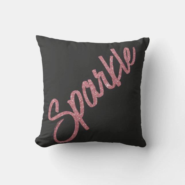 Sparkle Pink Glitter Brushstroke Typography Black Cushion (Front)