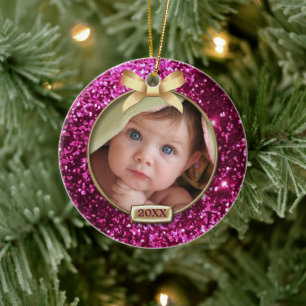 Sparkle Pink/Gold Bow Photo Ceramic Tree Decoration