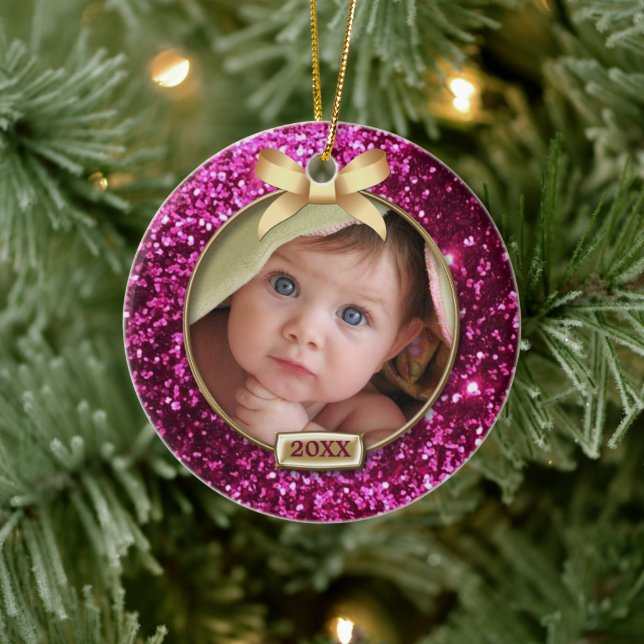 Sparkle Pink/Gold Bow Photo Ceramic Tree Decoration (Tree)