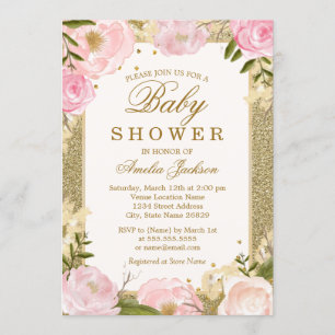 Sparkle Pink Gold Floral Baby Shower Invitation