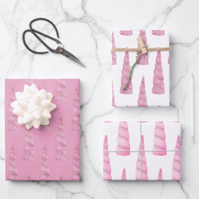 Sparkle Pink Gold Glam Unicorn Birthday Wrapping Paper Sheet (Front)