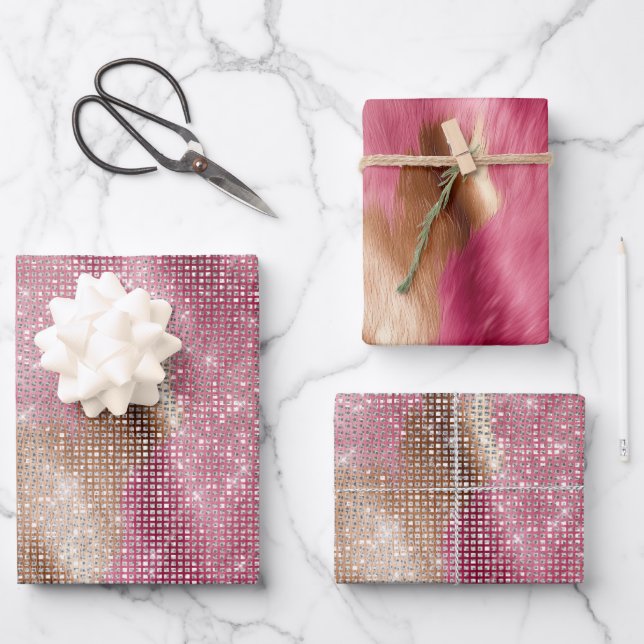 Sparkle Pink Gold Southwest Faux Cowhide Birthday Wrapping Paper Sheet (Front)