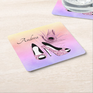 Sparkle Pink Pumps Fancy Personalised Square Paper Coaster