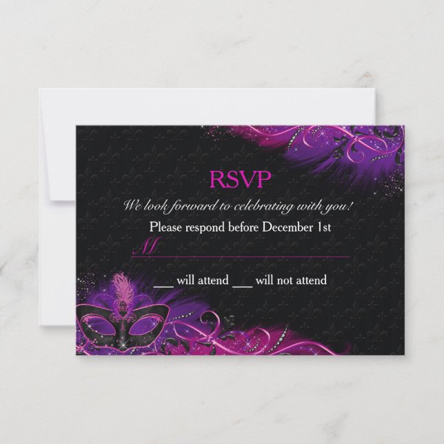 Sparkle Pink & Purple Feather Mask Masquerade RSVP Card (Front)