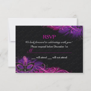 Sparkle Pink & Purple Feather Mask Masquerade RSVP Card