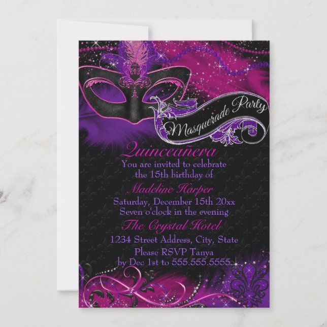 Sparkle Pink & Purple Mask Masquerade Quinceanera Invitation (Front)