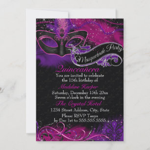 Sparkle Pink & Purple Mask Masquerade Quinceanera Invitation