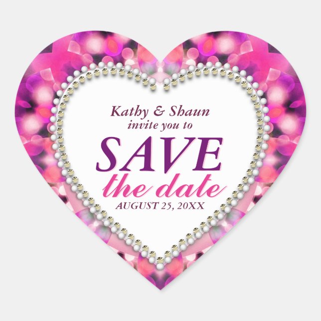 Sparkle Pink Romance Save the Date Heart Stickers (Front)