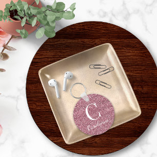 Sparkle Pink Rose Gold Faux Glitter Monogram Key Ring