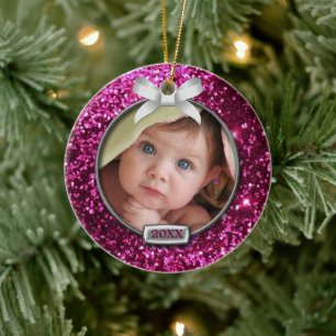 Sparkle Pink/Silver Bow Photo Ceramic Tree Decoration