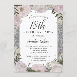 Sparkle Pink Silver Floral 18th Birthday Invitation