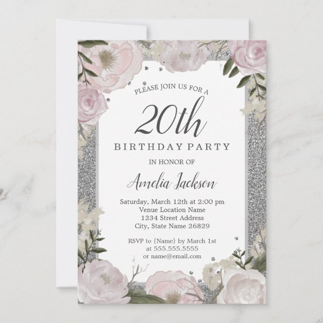 Sparkle Pink Silver Floral 20th Birthday Invitation (Front)