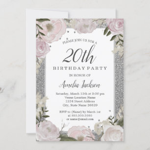 Sparkle Pink Silver Floral 20th Birthday Invitation