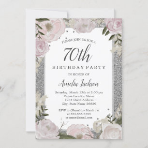 Sparkle Pink Silver Floral 70th Birthday Party Invitation