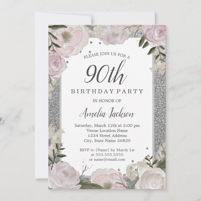 Sparkle Pink Silver Floral 90th Birthday Party Invitation (Front)