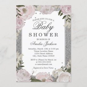 Sparkle Pink Silver Floral Baby Shower Invitation