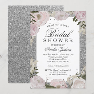 Sparkle Pink Silver Floral Bridal Shower Invitation