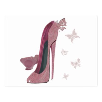 Sparkle Pink Stiletto and Butterfly's Art Postcard