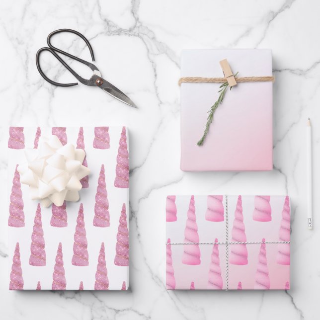 Sparkle Pink White Glam Unicorn Birthday Wrapping Paper Sheet (Front)