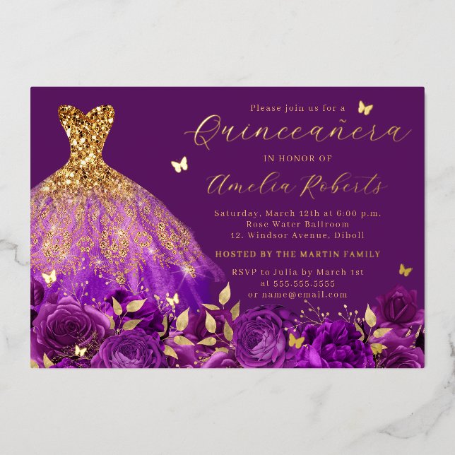 Sparkle Purple Dress Gold Floral Butterfly  (Front)