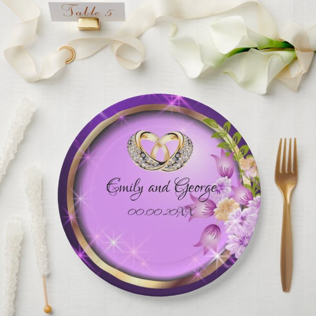 Sparkle Purple Flowers Customisable Wedding Party  Paper Plate (Wedding)