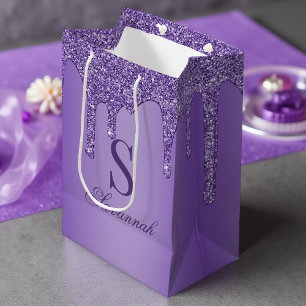 Sparkle Purple Glitter Drips Monogram Medium Gift Bag