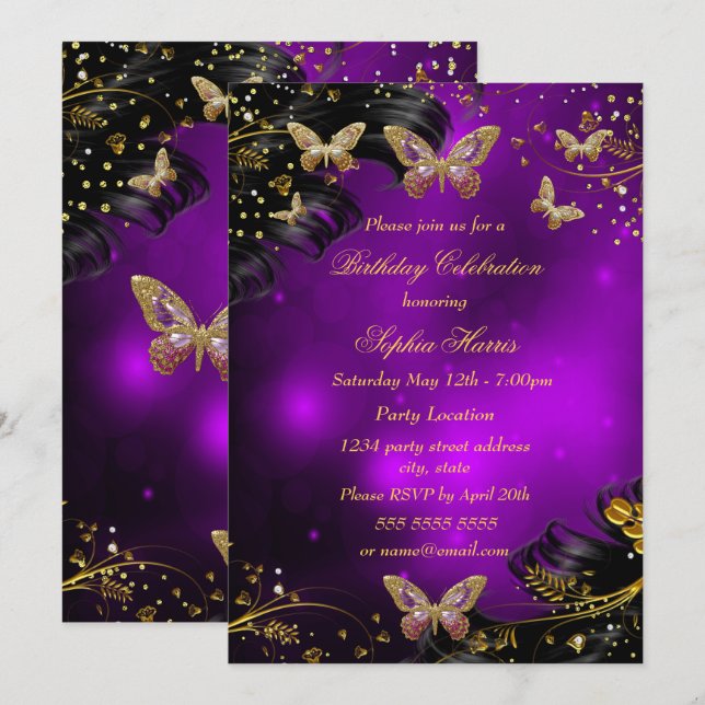 Sparkle purple Gold Black Butterfly Birthday party Invitation (Front/Back)
