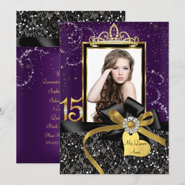 Sparkle Purple Gold Lace & Bow Photo Quinceanera Invitation (Front/Back)