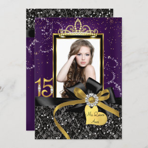 Sparkle Purple Gold Lace & Bow Photo Quinceanera Invitation