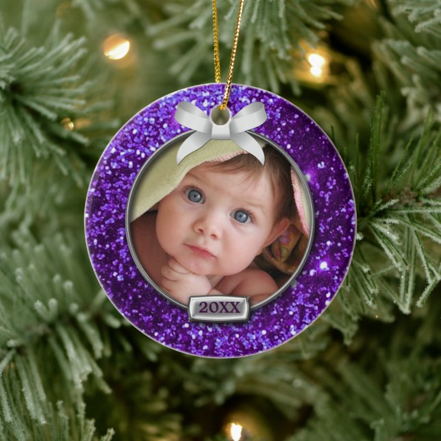 Sparkle Purple/Silver Bow Photo Ceramic Tree Decoration (Tree)