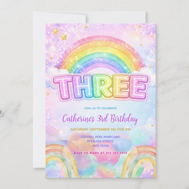 Sparkle Rainbow 3rd Birthday Party Invitation (Front)