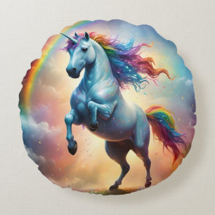 Sparkle Rainbow White Unicorn, Round Cushion
