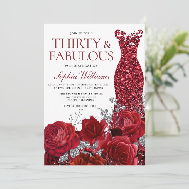 Sparkle Red Dress & Roses 30th Birthday Party Invitation (Standing Front)