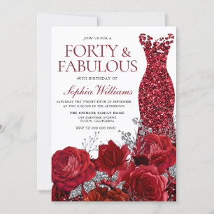 Sparkle Red Dress & Roses 40th Birthday Party Invitation