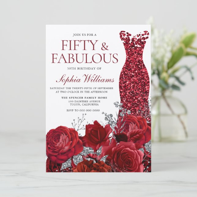 Sparkle Red Dress & Roses 50th Birthday Shimmer Invitation (Standing Front)