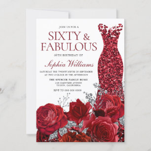 Sparkle Red Dress & Roses 60th Birthday Party Invitation