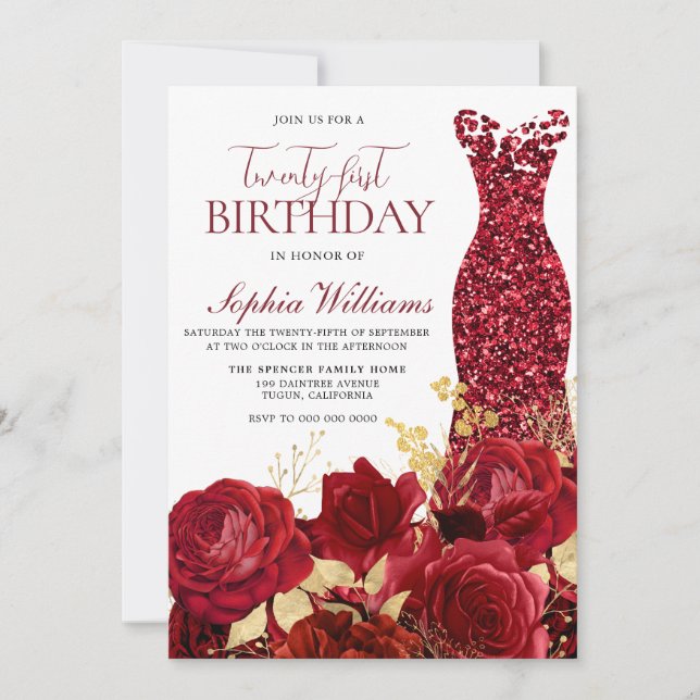 Sparkle Red Dress Roses Gold 21st Birthday Party Invitation (Front)