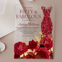 Sparkle Red Dress Roses Gold Leaf 50th Birthday