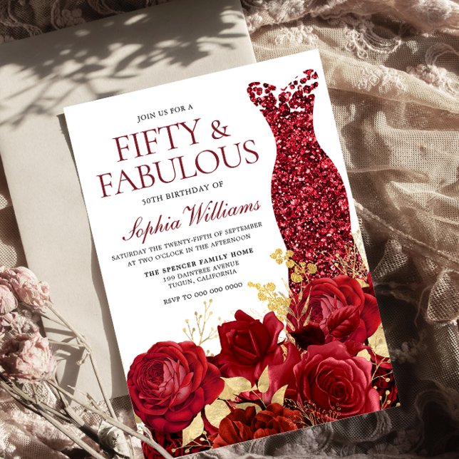 Sparkle Red Dress Roses Gold Leaf 50th Birthday  Invitation (Creator Uploaded)