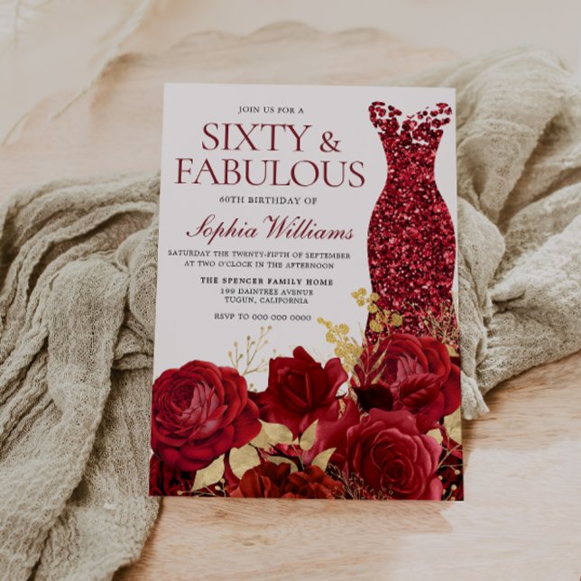 Sparkle Red Dress Roses Gold Leaf 60th Birthday Invitation (Creator Uploaded)