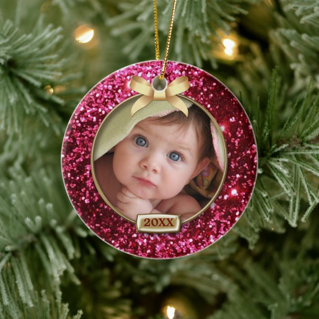 Sparkle Red/Gold Bow Photo Ceramic Tree Decoration (Tree)